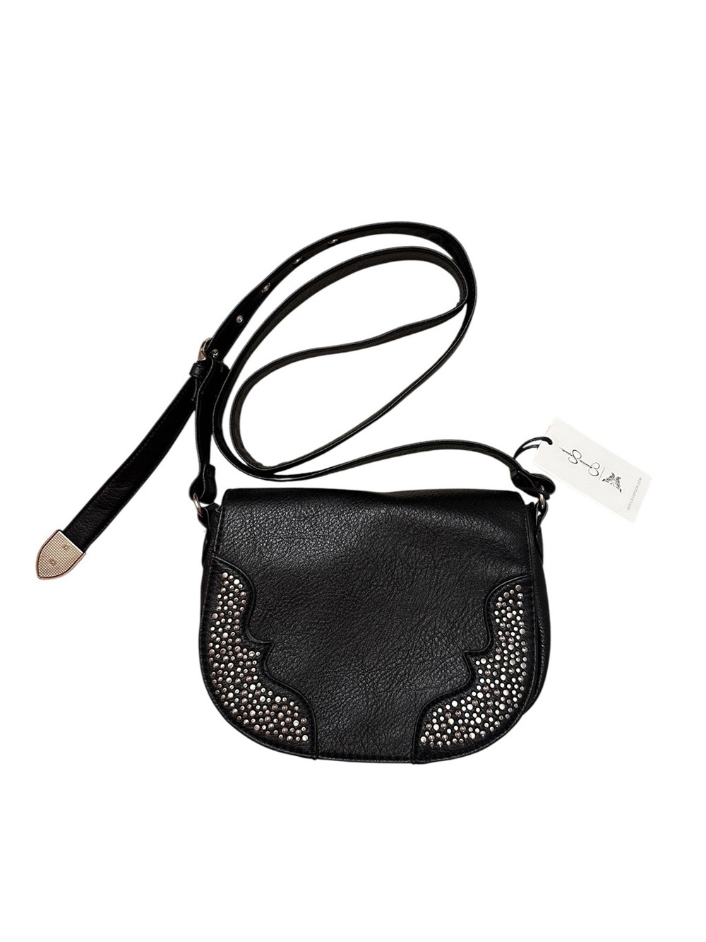 Jessica Simpson Jessie Black Embellished Faux Leather Crossbody Saddle Bag New
